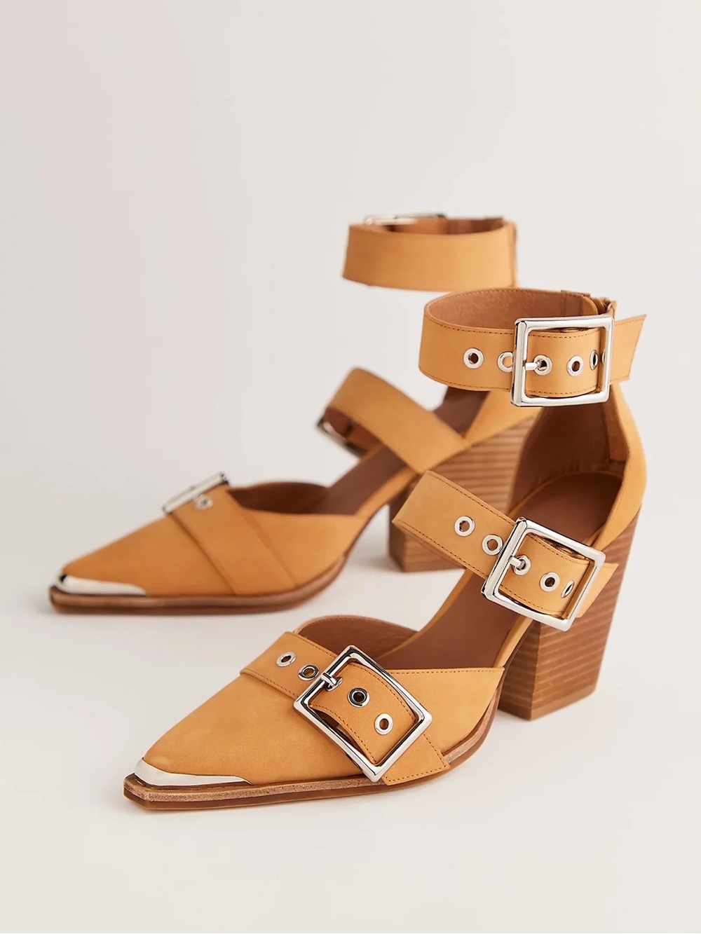 Free People x Jeffrey Campbell Hendrix Heels 9 Tan Leather Buckle Western Shoes